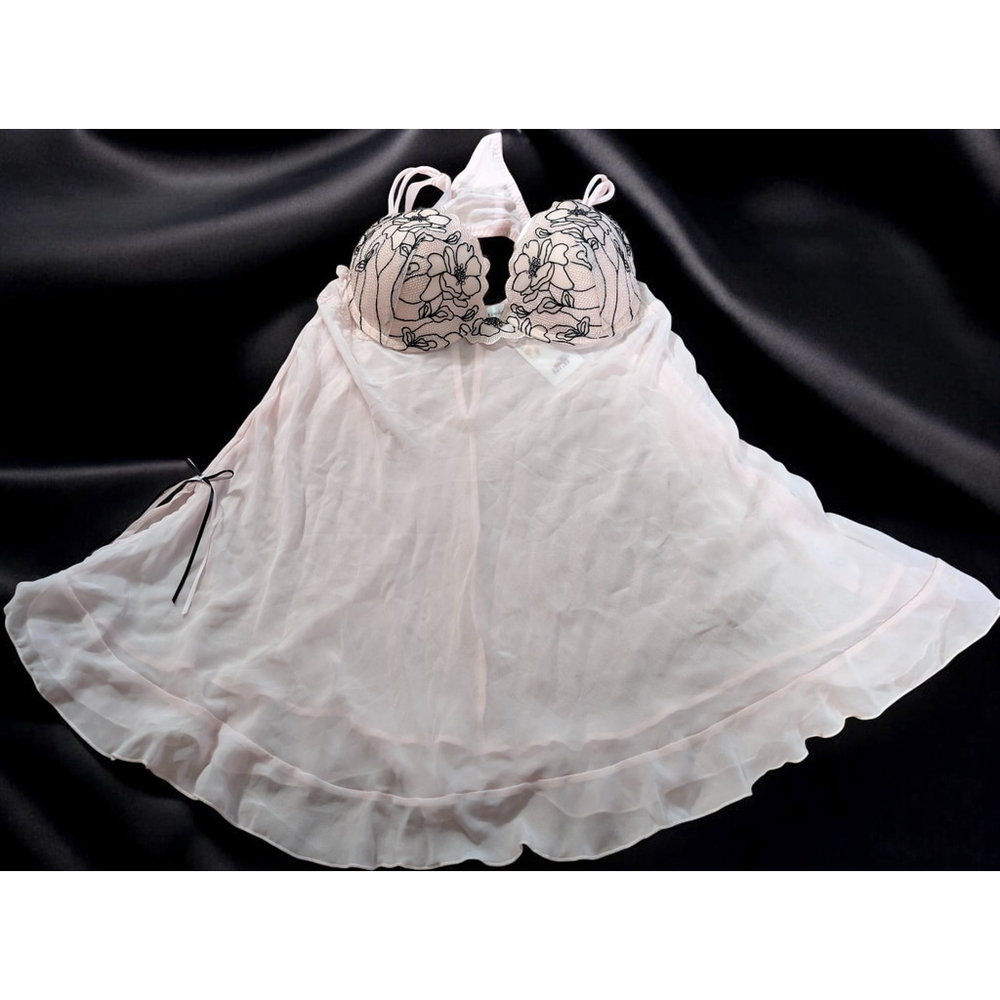 New Enchanted Light Pink Babydoll‎ Nightie Set M Medium Med Lingerie Sheer Flowy